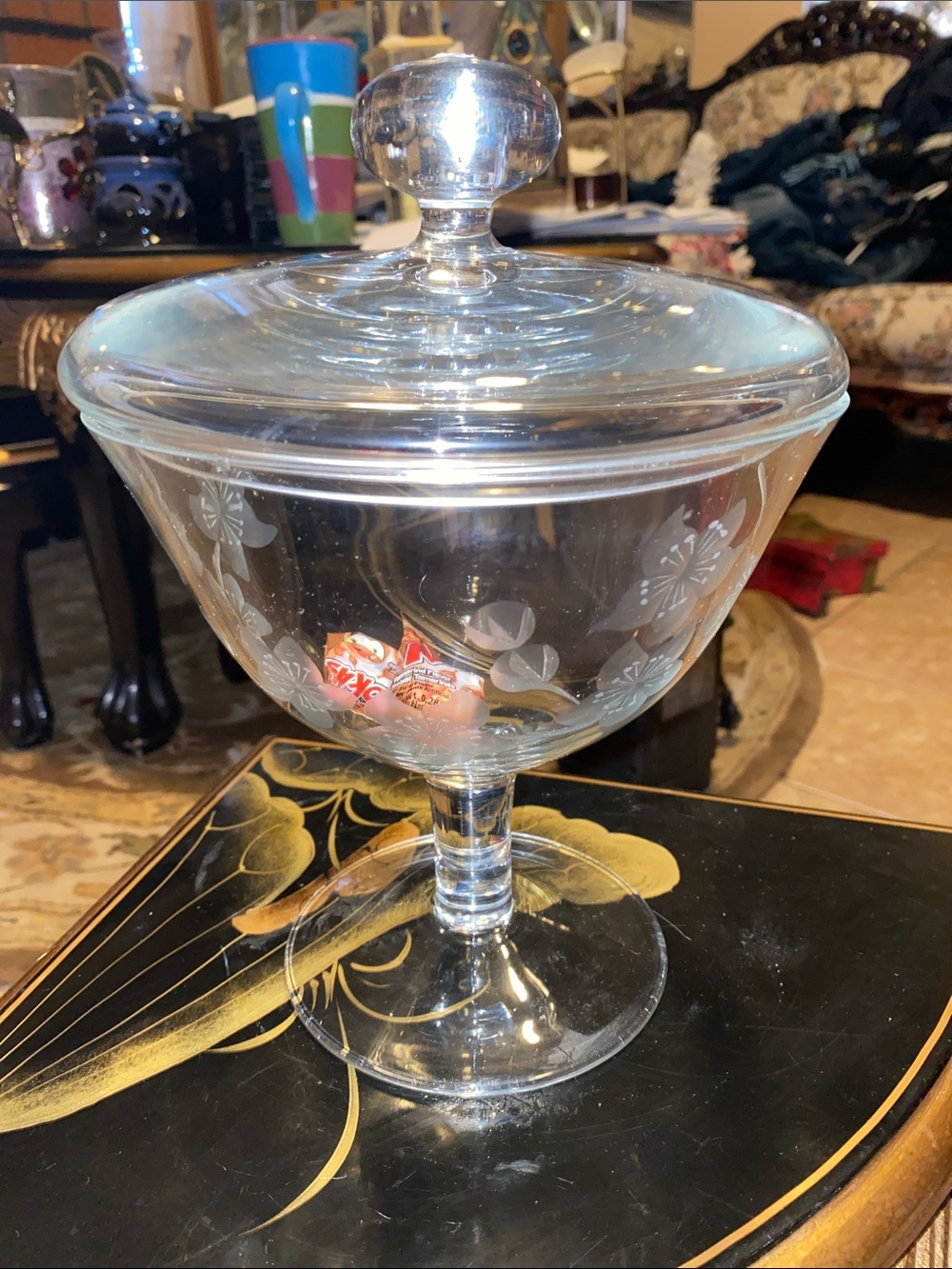 Vintage Etched Glass Covered Compote Candy Dish - Clear